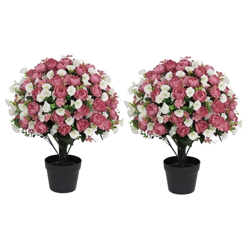 24" Artificial Potted Flowers for Outdoor, Faux Fuchsia Silk Peony | Set of 2 UV Resistant Fake Outdoor Plants & Flowers in Cement Pots for Outside Front Porch Home Indoor Decor - color: Fuchsia, size: 24" Luxury Peony