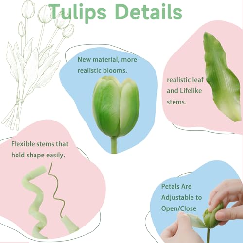 15 Pcs Green Artificial Tulips Fake Flowers, Premium Latex Lifelike Texture, UV Resistant Waterproof Faux Tulip Bouquets with Snap-on Petals for Outdoor, Home, Wedding Decor - color: Green