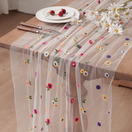 Lvory Embroidery Daisy Table Runner 10ft 120 Inch Fall Florals Gauze Tulle Cheesecloth Holiday Kitchen Dining Table Decoration for Home Wedding Party Baby Shower Birthday Decorations - color: Ivory, size: 10ft x 1Pack