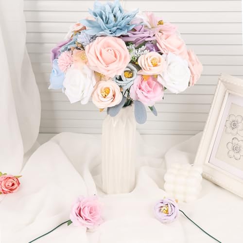 Artificial Flowers Combo Box Dusty Blue Pink Artificial Flowers for DIY Tables Centerpieces Baby Shower Bridal Shower Wedding Bouquet Party Decor - color: Pastel Pink Blue