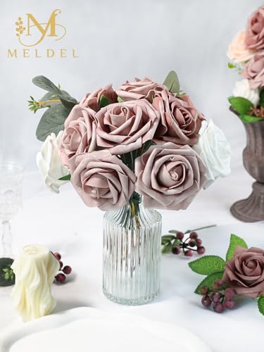 Artificial Flowers 25 Pack Dusty Pink Faux Foam Roses with Stems, Real Looking Fake Rose for DIY Wedding Bouquets, Bridal Shower Centerpieces, Party Table Decorations, Home Decor - color: Dusty Pink, size: 25Pcs
