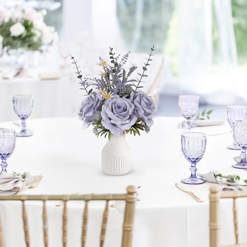 Artificial Flowers in Vase, Silk Roses Flowers Artificial Eucalyptus Lavenders Small Daisies and Fake Plants in White Ceramic Vase, Rustic Farmhouse Floral Arrangements Décor, Plants for Living Room - color: Dustyblue