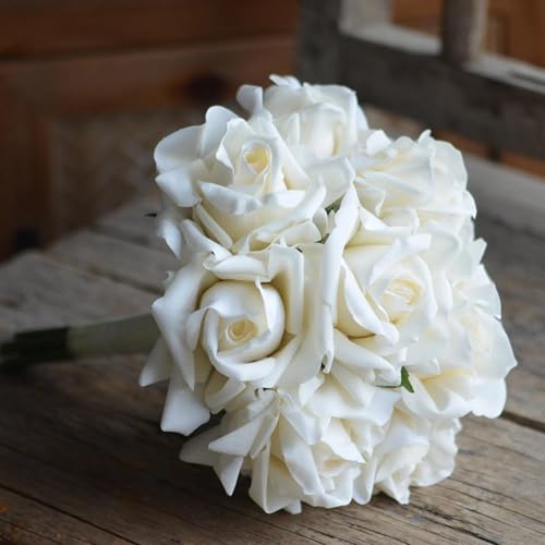 8 Inch Bridesmaid Bouquet, Morandi Ivory Cream White Real Touch Rose Wedding Flowers, Artificial Floral Arrangement for Bridesmaids, Bridal Shower, Toss Bouquet and Wedding Prom - size: 8 Inch