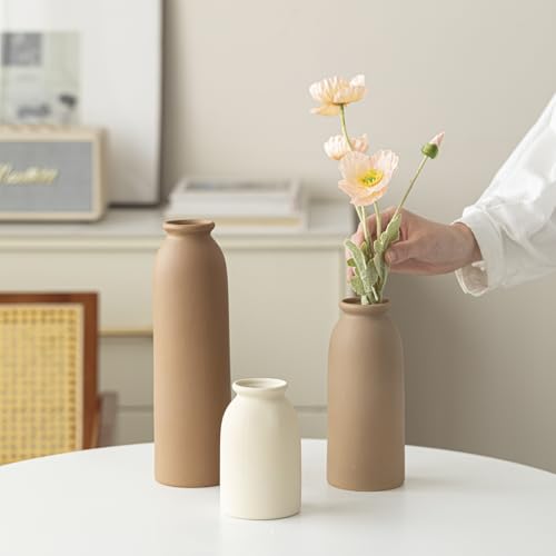 10.4 inches Tall Decorative Ceramic Vase Set, 3 Pieces, Nordic Modern Boho Style, White, Modern Farmhouse for Home Decor (Coffee Mix) - color: Standard Coffee Mix