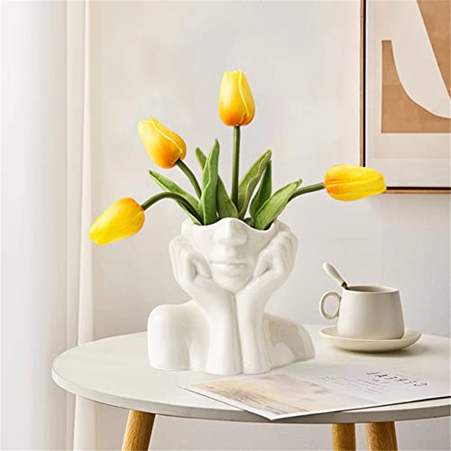 Large Ceramic Face Vase, White Flower Vases for Decor Female Form Head Half Body Vase Boho Unique Decorative Modern Style for Home Living Room Office Book Shelf (Large) - color: A(large)