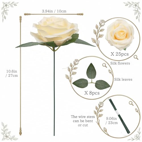 25PCS Champagne Roses Artificial Flowers 3.94" Large Silk Roses with Stems Real Look Artificial Roses for Wedding Table Centerpieces Arrangement Home Decor(Champagne) - color: Champagne