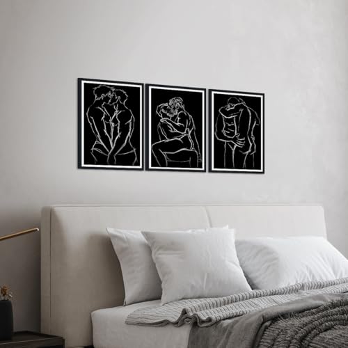 Gay Couple Canvas Wall Art 3 Piece Intimate Man Line Posters Abstract Black and White Male Figure Prints Artwork Wall Decor for Living Room Bedroom Bathroom Hotel Framed Ready to Hang 12x16inchx3pcs - color: Art02, size: 12x16x3Pcs Black Framed