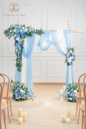 TINGE TIME Wedding Arch Flowers Kit - Deluxe 5pcs Artificial Floral Swag with 3 Sheer Drapes, Realistic Silk Flower Arrangements for Wedding Ceremony Arbor Backdrop Reception Party Home Decor - color: Provenceblue