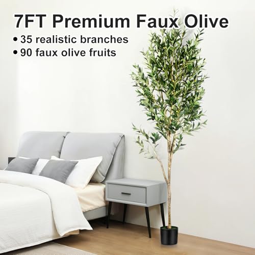 7FT Olive Tree Artificial Indoor - Tall Faux Olive Tree with Wood Trunk and Lifelike Fruits - Fake Plants in Pot for Home Office Living Room Decor - size: 7ft