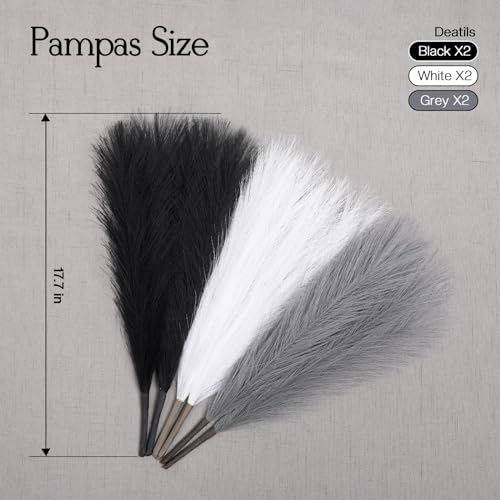 Ureymx Faux Pampas Grass Decor 17.7 Inch 6pcs, Artificial Pampas Grass Fluffy Home Decor, Short Vase Room Decor pompous Grass Flower Arrangement for Boho Home Wedding Decoration (Black,White,Grey) - color: Black,white,grey, size: 17 Inch 6 Pcs