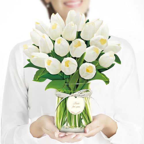 Airpark Pop Up Flower Bouquet Card for Women, 3D Floral Greeting Card with Envelope and Note, Birthday Thank You Thinking of You Get Well Gift for Mom Friend Wife Teacher, White Tulip - style: White Tulips