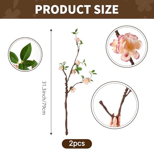 2PCS Artificial Plum Blossom Branches 31.3” Fake Cherry Blossom Flower Faux Silk Flowers for Wedding Bridal Bouquet Wreath Table Centerpiece Outdoor Decor (Champagne)