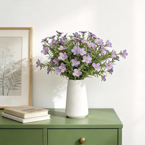 Artificial Purple Gypsophila Baby's Breath Flowers in Ceramic Vase, 6 Inch White Vase with Faux Cosmos Arrangement, Farmhouse Table Centerpiece for Home Office Shelf Desk Decor - color: Purple