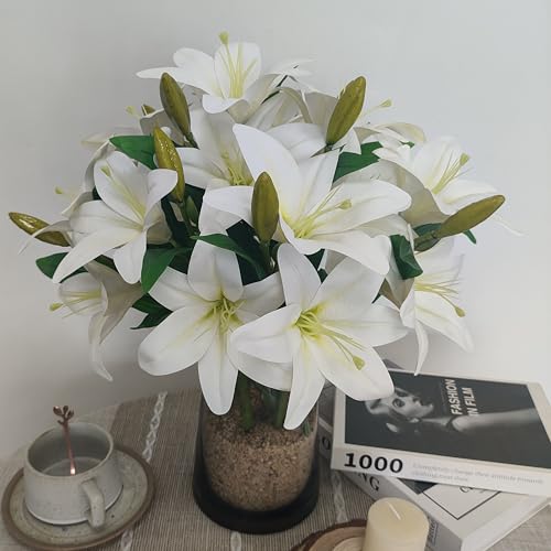 ATFL Artificial Lilies Flowers,9 Pcs Faux Lily Flowers,16''Tiger Lily Branches with 2 Full Blooms and 1 Bud,Faux Fake Lilies Plants for Wedding Bouquet Floral Arrangements (9, White) - color: White