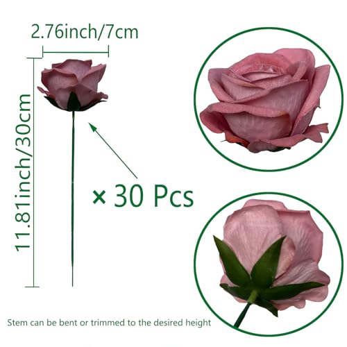 FagusHome 30 Pcs Silk Rose Artificial Flowers Roses Bulk Bouquet Fake Flowers Rose Heads with Stems for Home Wedding Decor (Dark Pink) - color: Dark Pink