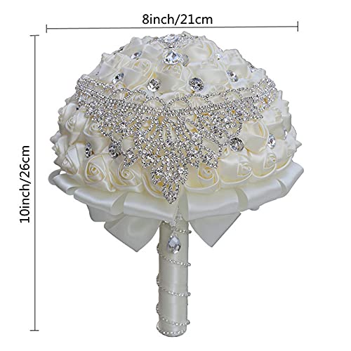 XINNI Handmade Bridal Wedding Bouquet Bride Bridesmaid Satin Rose Flower Bouquet with Drop-Shaped Rhinestone Wedding Decoration Ivory - color: Ivory