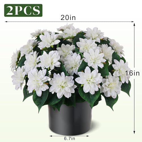 2 Set of Artificial Dahlia Topiary Ball Trees - Fake Silk Dahlia Flower Bushes, UV Resistant Faux Floral Shrub Potted for Front Door Porch Farmhouse Wedding Outdoor Decor (White) - color: White