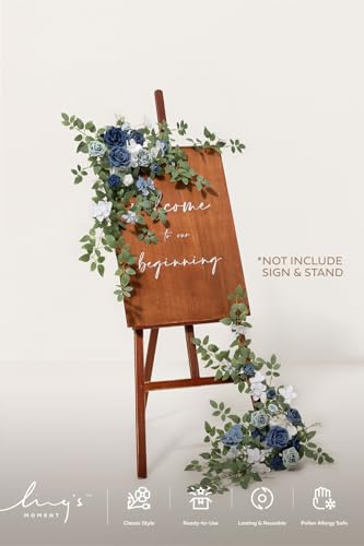 Ling's moment 2pcs Wedding Flowers Garland Artificial Floral Swag Arch Decorations Rose Greenery Arrangements Dusty Blue & Navy Ceremony Reception Garden Easel Wall Entryway Outdoor (NOT Include Sign - color: Dusty Blue & Navy