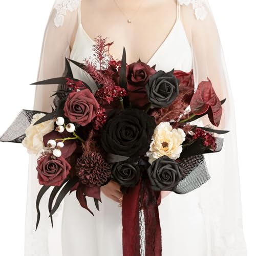 Ling's moment Black and Burgundy Wedding Bouquets for Bride, Gothic Bridal Bouquets for Bride, 13 Inch Free Form Artificial Wedding Flower Bouquet - color: Blk-moody Burgundy & Black, size: Small 13 Inch