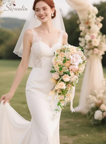 Serwalin 11 Inch Champagne Wedding Bouquets for Bride Bridesmaid, Artificial Rose Bridal Bouquets for Bride, Wedding Flowers Bouquet Tossing Bouquet, Wedding Ceremony and Anniversary - color: Champagne