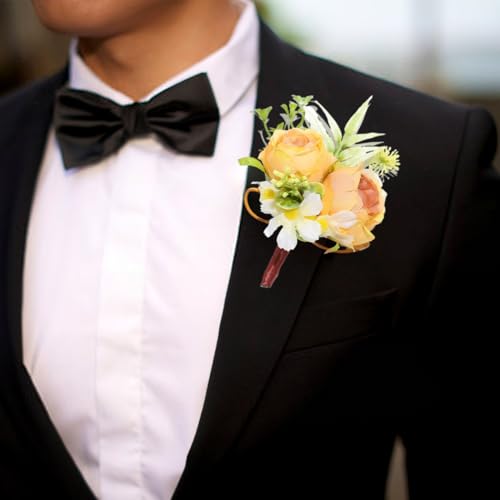 Wedding Rose Boutonniere Groom Flower Buttonholes Prom Suit Decoration for Men (Yellow) - color: Yellow