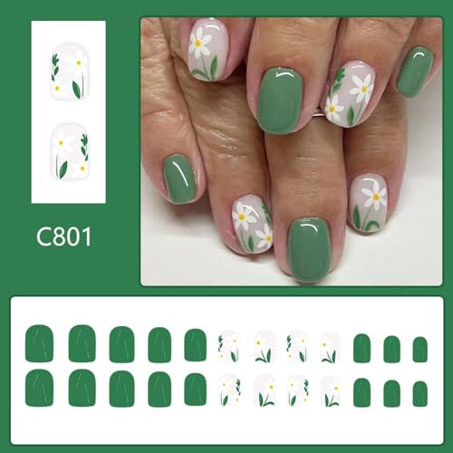 Flower Press on Nails Short Square Fake Nails Red Nude False Nails with Embossed Designs 3D Flowers Glossy Full Cover Stick on Nails Glue on Nails Spring Acrylic Nails for Women Girls 30 Pcs - color: Flower Square10