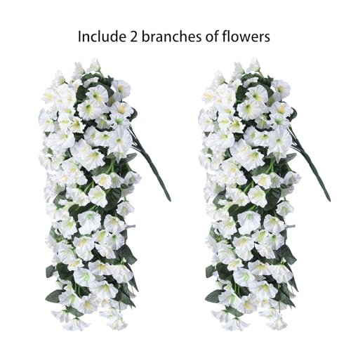 florisso ArtificialFlowers for Outdoor Decor, 2 Pcs Fake Silk White Morning Glory Long Vines UV Resistant Look Real for Home Porch Patio Balcony Planter Decoration - color: White