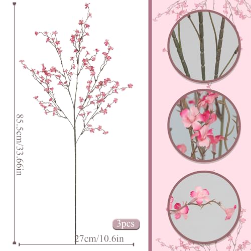 3 Pcs Cherry Blossom Branches Artificial Flowers for Spring Summer Indoor Decoration Faux Cherry Blossom Long Stems Hot Pink Silk Fake Flowers for Tall Vase Arrangements Home Wedding Table - color: Hot Pink