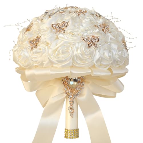 Handmade Wedding Flowers Bouquet Round Holding Bridal Bouquet Artificial Satin Roses Bunch for Bride Bridesmaid Wedding Quinceanera (Ivory, 7.5") - color: Ivory, size: Small (Dia. 7.5"/19cm)