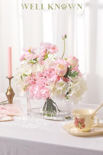 WELL KNOWN Artificial Flowers in Vase, Fake Hydrangea Tulip Flowers Bouquet with Big Glass Vase for Home Office Wedding Party Decor for Dining Table Centerpiece Housewarming Mom's Gift (Pink White) - color: Pink & White Max