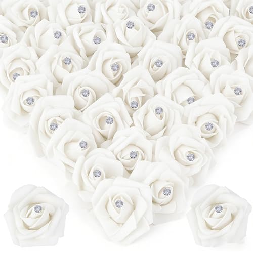 100Pcs Real Looking White with Diamonds Artificial Rose Flower Heads, Foam Fake Roses for DIY Wedding Decorations Baby Shower Centerpieces Home Party Valentine's Day Mother's Day Decor - color: 100pcs White With Diamonds