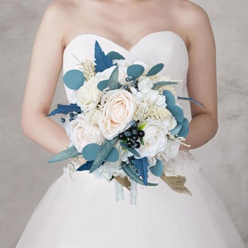 MOJUN Wedding Bouquets for Bride Bridesmaid Bouquet Dusty Blue Artificial Roses Flowers for Wedding Bridal Shower Valentine's Day Party Church Home Decoration - color: Dusty Blue Bouquet a