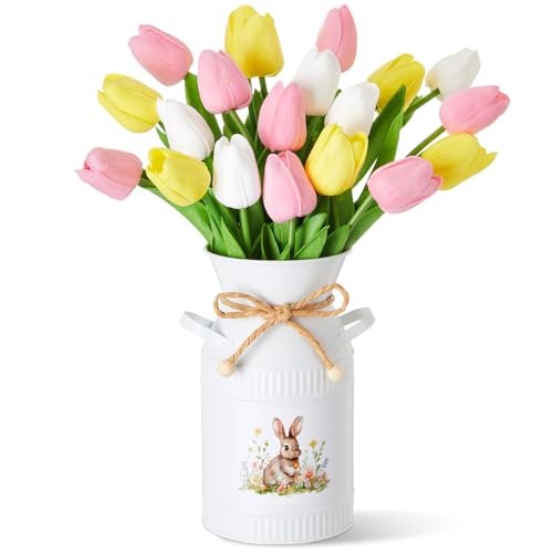 21 Pcs Artificial Tulip Centerpiece Decor with Vase Artificial Flower Bouquet Vintage Bunny Metal Flower Bucket Summer Tulip Floral for Party Spring Home Decor(Multicolor,Funny) - color: Multi Color, style: Funny