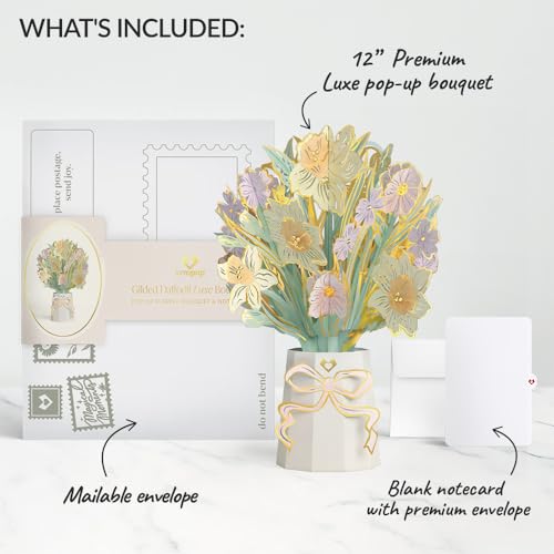 Lovepop Gilded Daffodil Luxe Bouquet - 3D Pop Up Paper Daffodil Bouquet for Mom, Sister, Friend, Her (Birthday, Mother's Day, Easter, Thank You) 12" - Blank Notecard & Envelope Included - color: Gilded Daffodil Luxe Bouquet