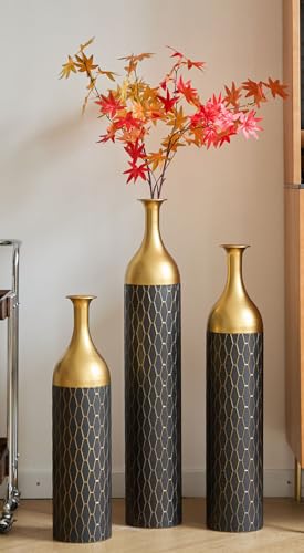 Tall Floor Vases Set of 3 for Decor Living Room Floor, Black and Gold Vases Home Decor, Embossed Body Pattern, 34.25" H/30.31" H/24.8" H Geometric Cylinder (Gold 8) - color: Gold 8