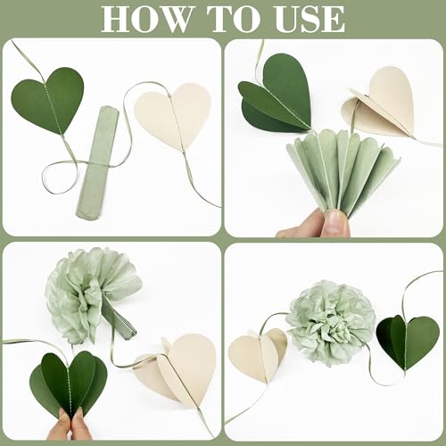 Sage Green Party Decoration Tissue Flowers Pom Pom with 3D Heart Hanging Paper Garland Banner Streamer for Birthday Baby Shower Wedding Valentines Day Woodland Neutral Themed Party Home Decor Supplies - color: Sage Green Beige Heart