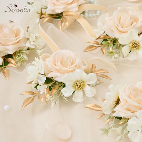 Serwalin 6Pcs Champagne Wrist Corsage for Wedding, Artificial Flowers Roses Wrist Corsage for Prom Homecoming Party Accessories for Bride Bridesmaids, Mother of Bride and Groom - color: Champagne, size: Corsage 6pcs