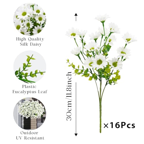 16 Bundles Silk Daisy Artificial Flowers for Outdoors UV Resistant Fake Daisies Plastic Plants Flower for Home Outside Front Door Porch Garden Patio Planters Decoration (White) - color: White
