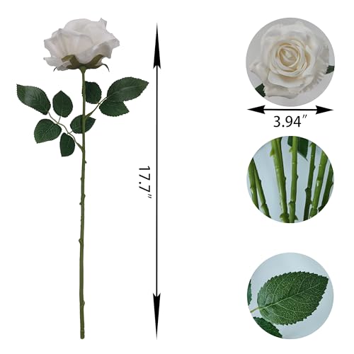 ATFL Fake White Roses Artificial Flowers Bulk,Floral Diameter 4'',20 Pcs Artificial Silk Roses Flowers with Stems for Wedding Arrangement Centerpieces Party Home Table Decorations (20, White) - color: White