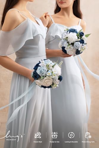 Ling's moment Artificial Bridesmaid Bouquets Set of 4,Navy Blue Wedding Flower Bouquets White Rose Floral Bouquet Bridal Bouquets with Ribbon Ceremony Anniversary,7-inch Diameter - color: Blu-white Blue & Navy
