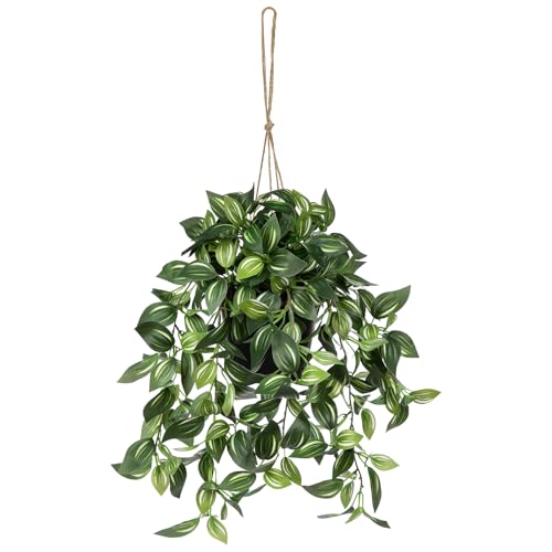 Briful Artificial Hanging Plants in Black Pot 17.7" Lifelike Trailing Faux Watermelon Peperomia Silk Plant with Cascading Green Leaves Fake Hanging Greenery for Indoor & Outdoor Home Garden Décor - color: Green