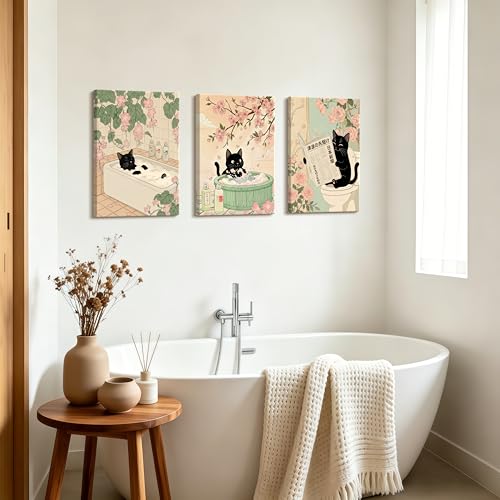 WENGTIAO Japanese Bathroom Wall Art Set of 3 Funny Black Cat Wall Paintings Cute Japan Cat Prints Pictures Animal on Toilet Photo Home Decor for Bathroom Restroom Laundry Room 12”x16”x3 - color: Black Cat Bathroom, size: 12"x16"x3Pcs