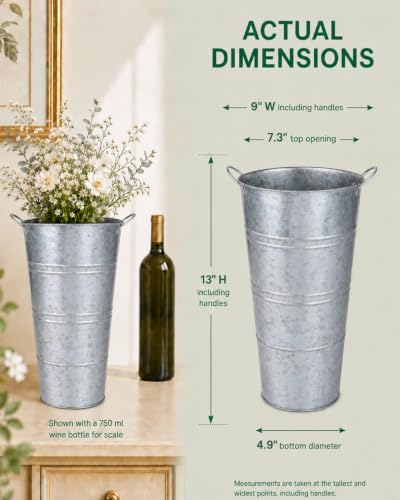 12 Inch Galvanized Metal Vases for Flowers - 6 Pcs Farmhouse Decorative Tall Flower Bucket with Handles, Rustic French Tin Planter Buckets for Wedding Decor (Silver) - color: Silver