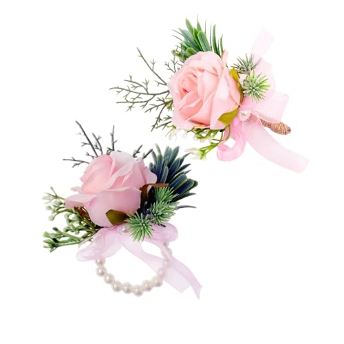 Rikyo Artificial Pink Rose Wrist Corsage Band Bracelet and Boutonniere Set, 2 Pack, Prom Flower Wrist Corsage Wristlet Band Bracelet for Wedding, Handmade Petals Hair Hat Wreath - color: Pink