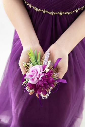2 Pcs Wrist Corsage and Boutonniere Set, Deep Purple Corsage for Wedding, Boutonniere for Men Artificial Rose Flower Wristlet Bracelet Prom Ceremony Anniversary Accessories Decor Suit - color: Deep Purple