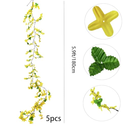 5Pcs Artificial Flowers Vine Yellow Spring Silk Flowers Garland Artificial Jasmine Vines for Decoration Fake Flower Vine Hanging Ivy for Indoor Outdoor Wall Party Wedding Arch Decoration
