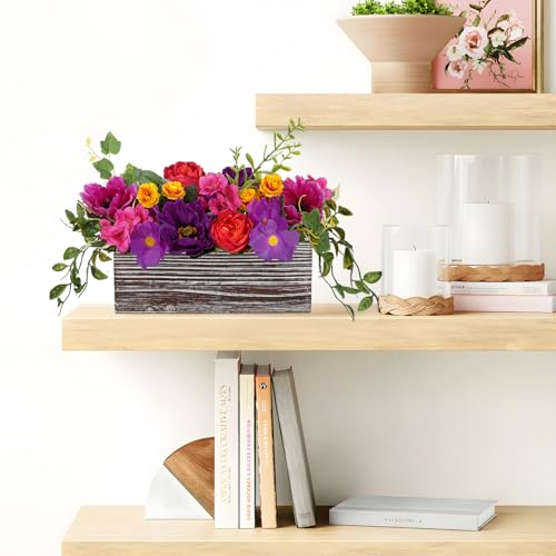 DILATATA Flower Arrangement with Wooden Vase 10" Artificial Flowers in Pot - Fake Flowers in White Rectangular Wooden Vase Potted Faux Flower Centerpieces for Table Decor Living Room - Purple - color: 11"l Purple