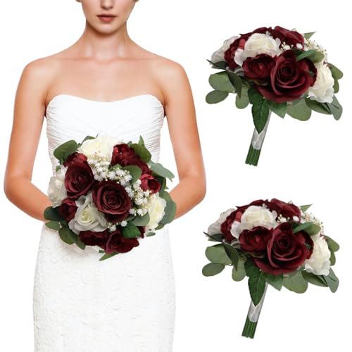 Set of 2 Burgundy & White Silk Rose & Peony Bridesmaid Bouquets, 11 Inch Round Wedding Decorations - Realistic Silk and Plastic Construction with Baby Breath and Eucalyptus Leaves - color: Burgundy & White, size: Set of 2 Bouquets