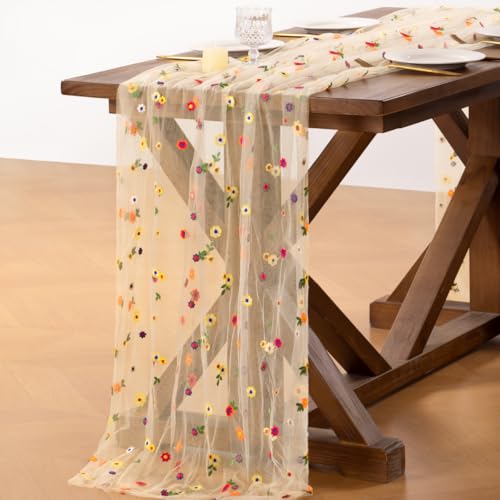 Socomi Flower Table Runner Summer Daisy Floral Tulle Gauze Cheesecloth Embroidery Table Runners for Tea Party Garden Wedding Bridal Baby Shower Birthday Picnic Decor Beige 1pc - color: Daisy Beige, size: 10ft X 1pc