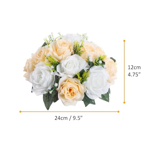 10Pcs Artificial Flower Ball Arrangement, 15 Flower Heads Wedding Roses Bouquet with Base Suitable for Parties Valentine's Day Wedding Centerpieces and Home Decor (Champagne & White) - color: Champagne & White